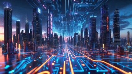 Poster - Technological abstract image showcasing the fusion of modern cityscape and electric circuit board