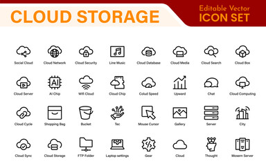 Poster - Cloud Storage Backup Icon Set – Minimal Outline Vector Illustrations for Secure Data, Sync, Upload, and File Protection – Modern Line Icons