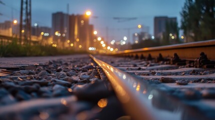 Leinwandbilder - Close-up view of a train track at twilight, with city lights blurred in the background, creating a serene and slightly melancholic atmosphere. : Generative AI
