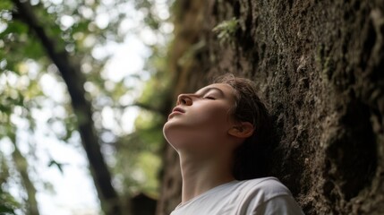 Poster - Teenage girl rests against a mossy rock face, eyes closed, breathing deeply in a sun-dappled forest, enjoying nature's peace. : Generative AI