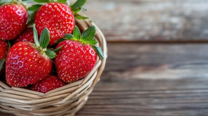 Poster - Close-up of fresh, ripe strawberries in a rustic wicker basket, sitting on a dark wooden table.  The vibrant red color of the berries contrasts beautifully with the natural wood grain. : Generative AI