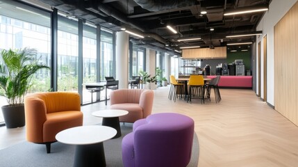 Poster - Modern office lounge area with colorful armchairs, tables, and a herringbone wood floor, showcasing a bright and inviting workspace. : Generative AI