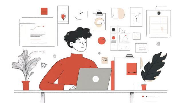 Man working laptop with office design.
