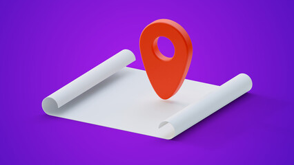 Fototapete - Map and location pointer isolated on a purple background. Location pin on the rolled map. Travel navigation search GPS concept.