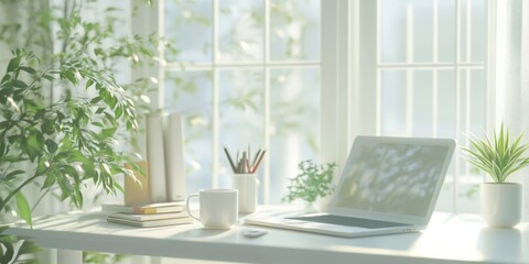 Fototapete - Bright, sunlit workspace featuring a laptop, coffee mug, books, and lush green plants near a window, creating a calm and productive atmosphere. : Generative AI