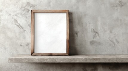 Poster - Empty wooden frame on rustic shelf against textured concrete wall, providing a minimalist mockup for design presentations or art display. : Generative AI