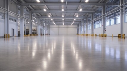 Aufkleber - Spacious, modern industrial warehouse interior with polished concrete floor and bright lighting, showcasing empty space and potential for business. : Generative AI