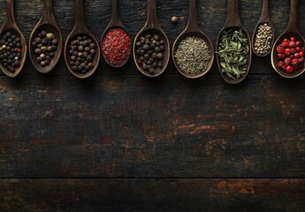Aufkleber - Various spices and herbs in wooden spoons arranged on a dark rustic wooden background, offering a culinary and flavorful image. : Generative AI