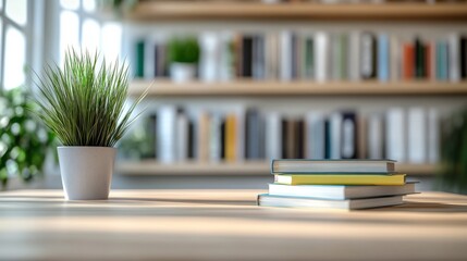 Poster - A stack of three books rests on a light wood table, next to a small potted plant; a blurred bookshelf filled with many books forms the background. : Generative AI