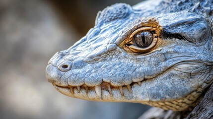 Aufkleber - Close-up portrait of a young caiman's head, showcasing its detailed textured skin, sharp teeth, and intense gaze.  The reptile's eye is strikingly visible, reflecting light. : Generative AI