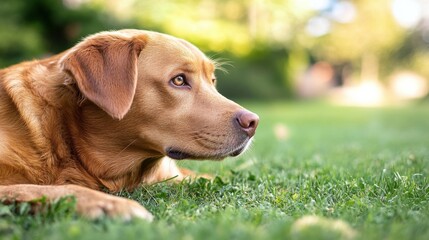 Aufkleber - A fox-red labrador retriever dog rests peacefully in a lush green grass field, gazing thoughtfully into the distance on a sunny day. : Generative AI