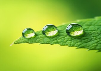 Poster - Three dew drops of water sit on a vibrant green leaf, reflecting the surrounding light and creating a serene, natural scene. : Generative AI