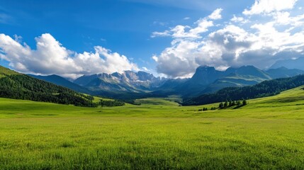 Aufkleber - Serene alpine meadow landscape with majestic mountains under a partly cloudy sky, showcasing lush green grass and distant, snow-capped peaks. : Generative AI