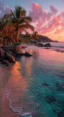 Fototapete - Serene sunset over a tropical beach in Seychelles, palm trees silhouette against a vibrant pink sky, reflecting in calm turquoise water. : Generative AI