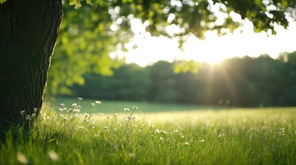 Leinwandbilder - Sunlit meadow scene with wildflowers blooming near a tree trunk at sunset, showcasing a peaceful and serene natural landscape. : Generative AI