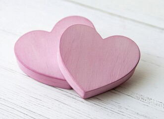 Poster - Two mauve wooden hearts rest gently atop a whitewashed wooden surface, creating a romantic and delicate scene. : Generative AI