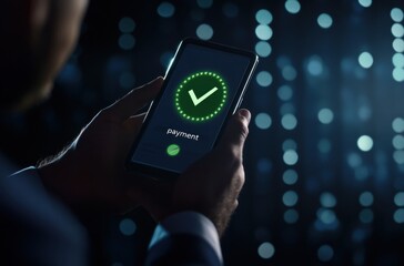 Poster - A businessman confirms a mobile payment, holding his smartphone with a green checkmark displayed on the screen, against a bokeh background. : Generative AI