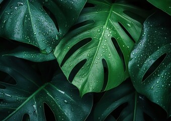 Poster - Close-up view of lush, vibrant monstera deliciosa leaves glistening with water droplets, showcasing their deep green hues and intricate textures. : Generative AI