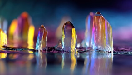 Fototapete - Rainbow quartz crystals emerge from a dark, reflective surface, their iridescent facets catching the light, creating a mystical and vibrant scene. : Generative AI