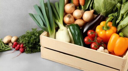 Aufkleber - A wooden crate overflowing with fresh, vibrant vegetables: leeks, onions, zucchini, eggplant, bell peppers, cherry tomatoes, radishes, and mushrooms. : Generative AI