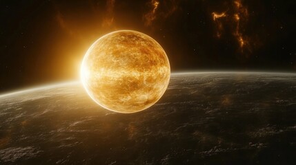 Wall Mural - Large golden sun appears over a planet.