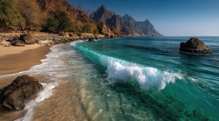 Poster - A turquoise wave rolls onto a sandy beach, framed by rugged mountains and lush greenery under a vibrant blue sky.  The scene evokes a sense of tranquility and natural beauty. : Generative AI