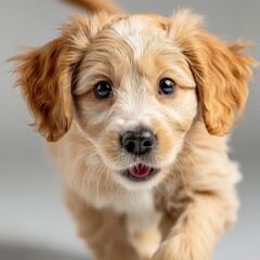 Poster - Adorable golden doodle puppy with fluffy fur, playful expression, and pink tongue showing, running towards the camera against a neutral gray background. : Generative AI