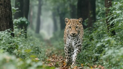 Aufkleber - A majestic leopard strides confidently along a forest path, its gaze fixed directly on the viewer, amidst lush green foliage and towering trees. : Generative AI