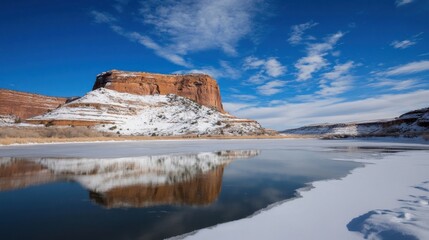 Aufkleber - A majestic sandstone cliff, snow-covered and reflected in a partially frozen river, under a vibrant blue winter sky.  The scene evokes serenity and the beauty of a cold, clear day in a : Generative AI