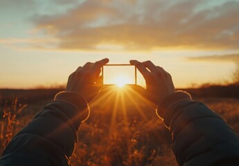 Poster - Person framing a vibrant sunset with their smartphone, capturing the golden hour light and rays through the phone's screen. : Generative AI