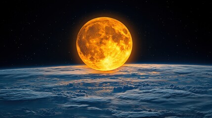 Wall Mural - Fiery celestial moon above a swirling atmosphere.