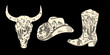© cddesign.co - Western desert scene vector set. Cowboy hat, boot, bull skull with cactus and landscape.