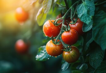 Aufkleber - Closeup of ripe red tomatoes growing on a vine, glistening with morning dew, bathed in sunlight.  Vibrant green leaves surround the juicy fruit in a lush garden setting. : Generative AI