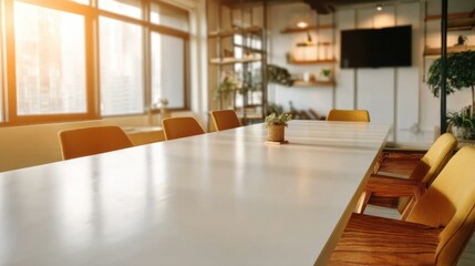 Leinwandbilder - Modern office meeting room with a long white table, yellow chairs, and sunlight streaming through large windows, creating a bright and airy atmosphere. : Generative AI