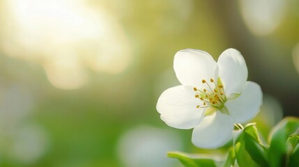 Poster - A single, delicate white blossom bathed in warm sunlight, showcasing its intricate details and vibrant yellow stamen against a soft green bokeh background. : Generative AI