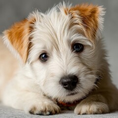 Poster - Adorable Jack Russell Terrier puppy with fluffy white fur and reddish-brown ears, lying down and looking at the camera with big, expressive eyes. : Generative AI