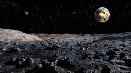 Wall Mural - Simulated lunar landscape with Earth in the cosmic expanse.