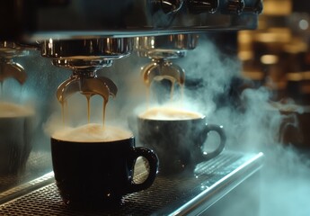 Poster - Espresso machine pouring steaming coffee into dark ceramic cups, creating a misty atmosphere in a cafe setting. : Generative AI