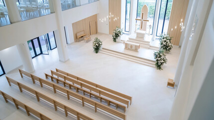 Poster - High-angle view of a modern, minimalist church interior with light wood pews, white altar, and floral arrangements. : Generative AI