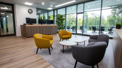 Leinwandbilder - Modern office reception area with yellow and grey armchairs, wooden reception desk, and large windows overlooking a green landscape. : Generative AI