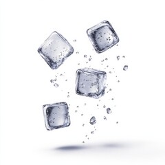 Poster - Four translucent ice cubes falling against a white background, water droplets suspended in mid-air, creating a refreshing and dynamic visual. : Generative AI