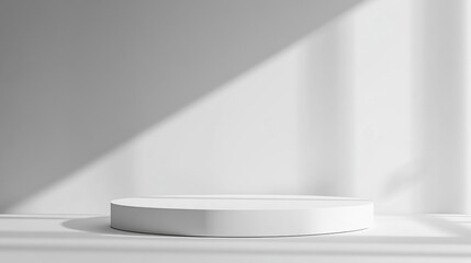 Leinwandbilder - Minimalist white cylindrical platform bathed in soft sunlight, ideal for product display or presentation against a clean, bright wall. : Generative AI