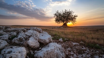 Poster - Solitary tree silhouetted against a vibrant sunset over a rocky, grassy plain, showcasing the warm hues of twilight and the serene beauty of nature. : Generative AI