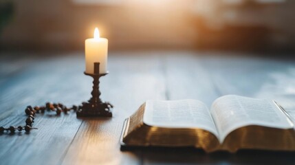 Aufkleber - A lit candle sits beside an open bible and rosary beads on a wooden table, bathed in warm, golden light, suggesting a moment of prayer or reflection. : Generative AI