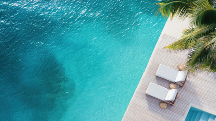 Poster - Aerial view of two white lounge chairs on a wooden deck beside a turquoise pool and ocean, palm tree overhead. : Generative AI