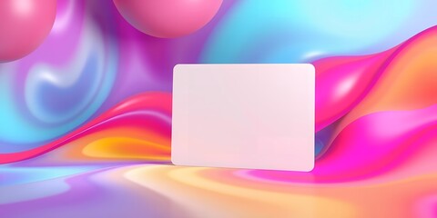 Poster - Blank card on holographic background with pink spheres and colorful abstract waves art