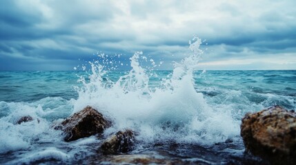 Fototapete - Ocean wave crashing against rocks on a cloudy day, creating a dramatic splash of white foam and turquoise water. : Generative AI