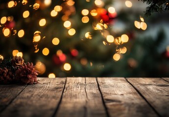 Aufkleber - Rustic wooden table with christmas ornaments in front of a blurred christmas tree with warm lights. : Generative AI