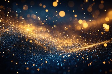 Aufkleber - Abstract glittering wave of gold and blue particles, bokeh lights, dark background. Festive, luxurious, elegant design for celebration, holiday, or luxury brand. : Generative AI