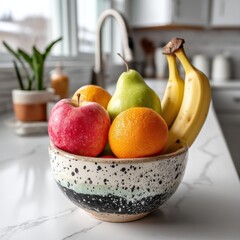 Aufkleber - A ceramic bowl filled with fresh fruit sits on a kitchen counter, showcasing a vibrant apple, orange, pear, and bananas. The speckled bowl adds a touch of modern style to the scene. : Generative AI